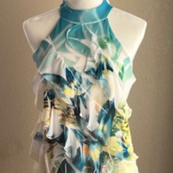 IZ Byer Large sleeveless halter top. Vibrant turquoise, blue, yellow, black. - Picture 3 of 5